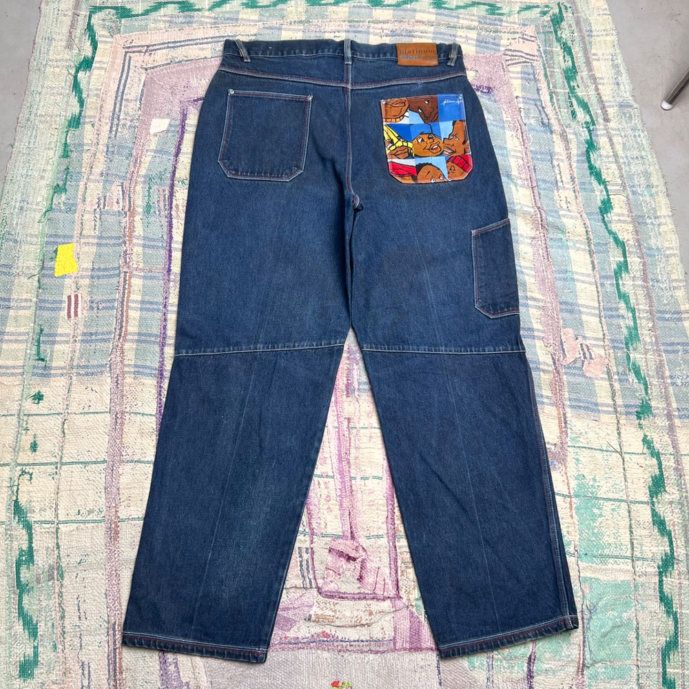 Vintage Y2K Platinum FUBU Jeans Mens 40x33 Blue Baggy Distressed Graphic Pocket